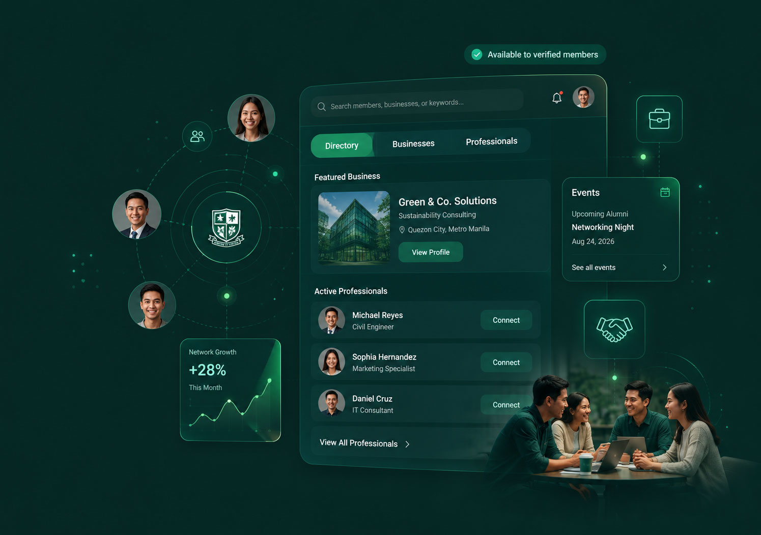 Alumni network directory preview with member profiles